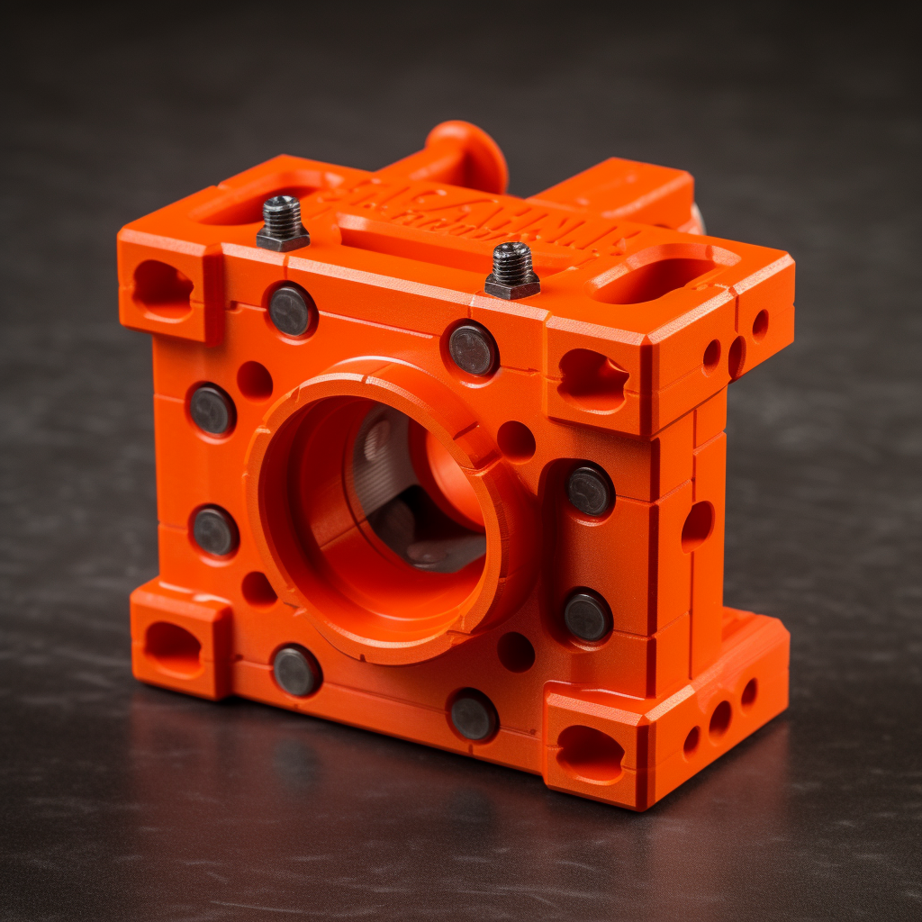 image of custom 3d part printed in orange plastic held together with metal screws